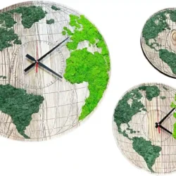 Round Holzuhr Weltkarte mit IslandMoos